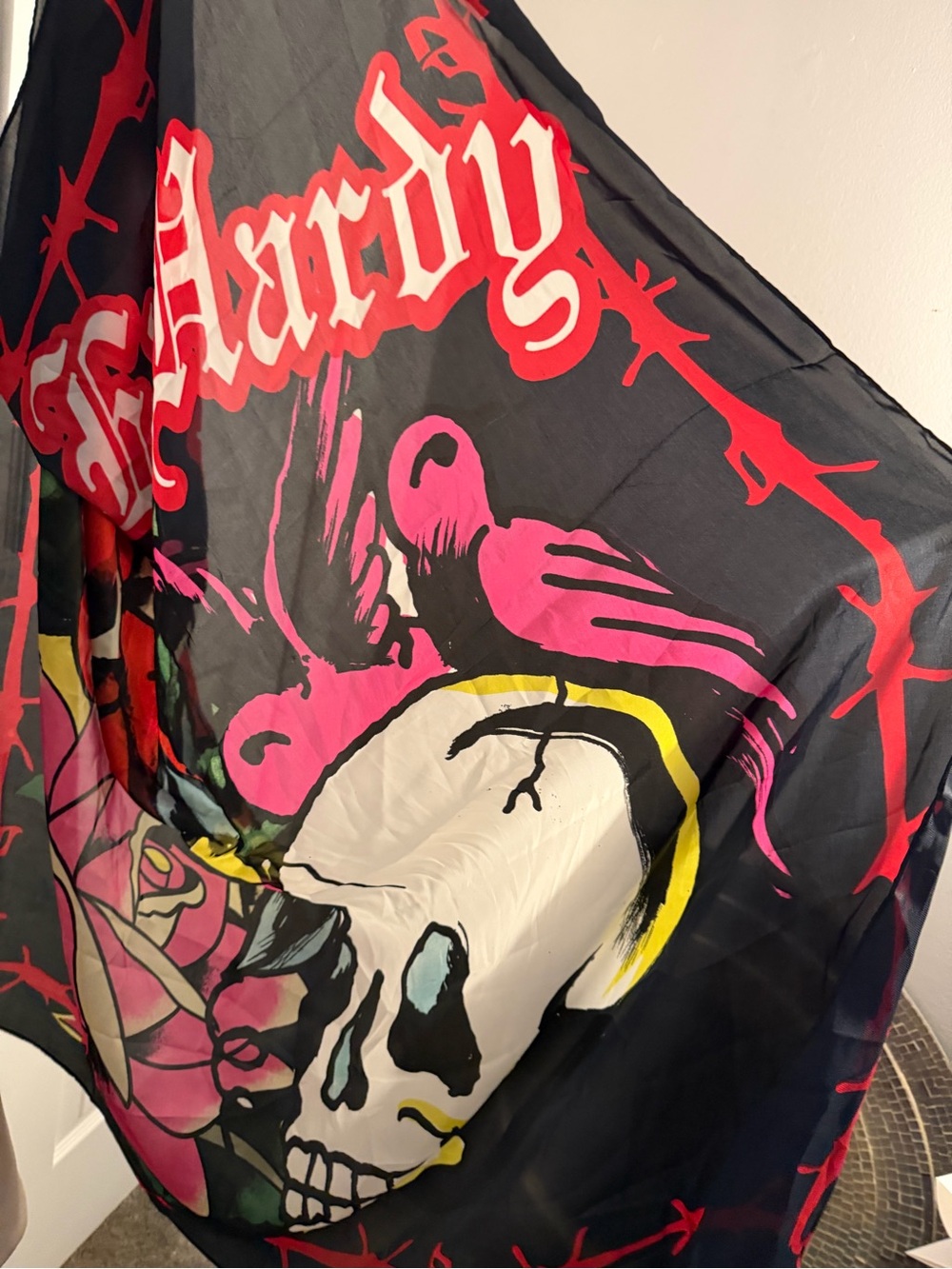 Ed Hardy Black Scarf with Red, Cream, Green & Yellow Tattoo Motifs